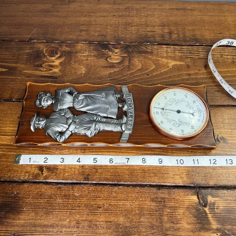 Vintage Wooden & Metal Bretagne France Barometer Man Woman Colonial 12”x4.5”